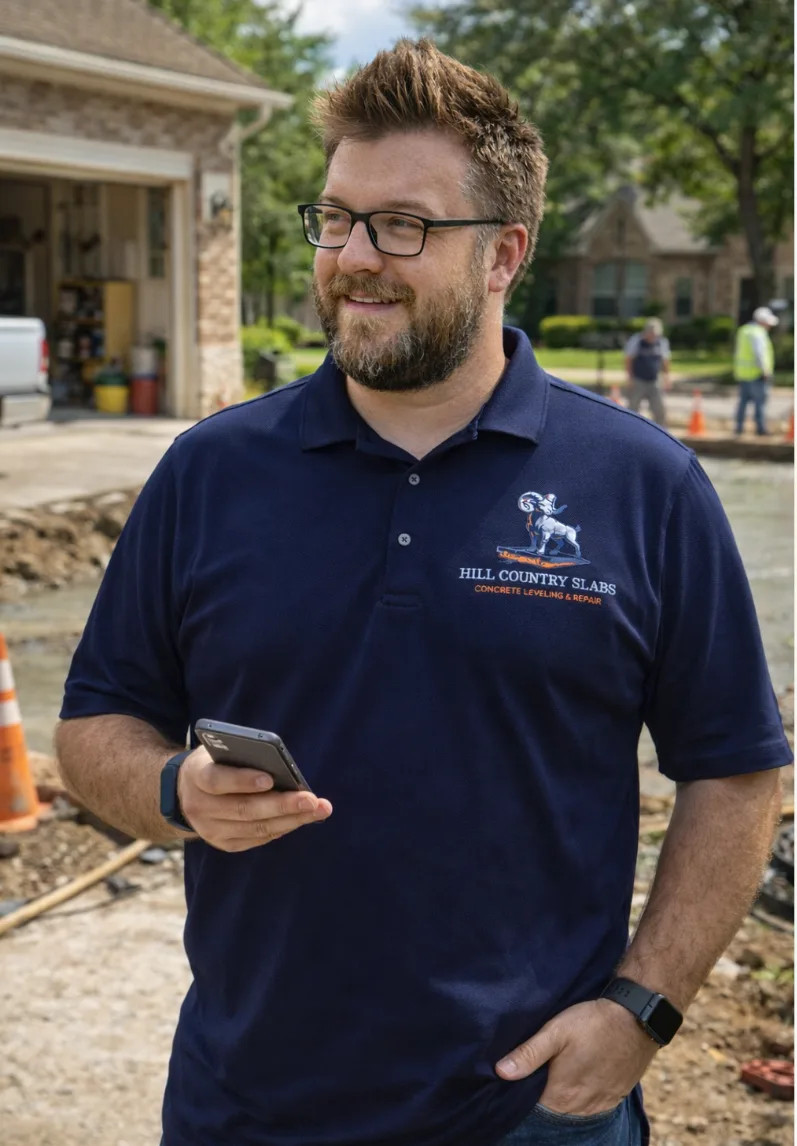 John, founder of Hill Country Slabs, on a job site with his phone in hand